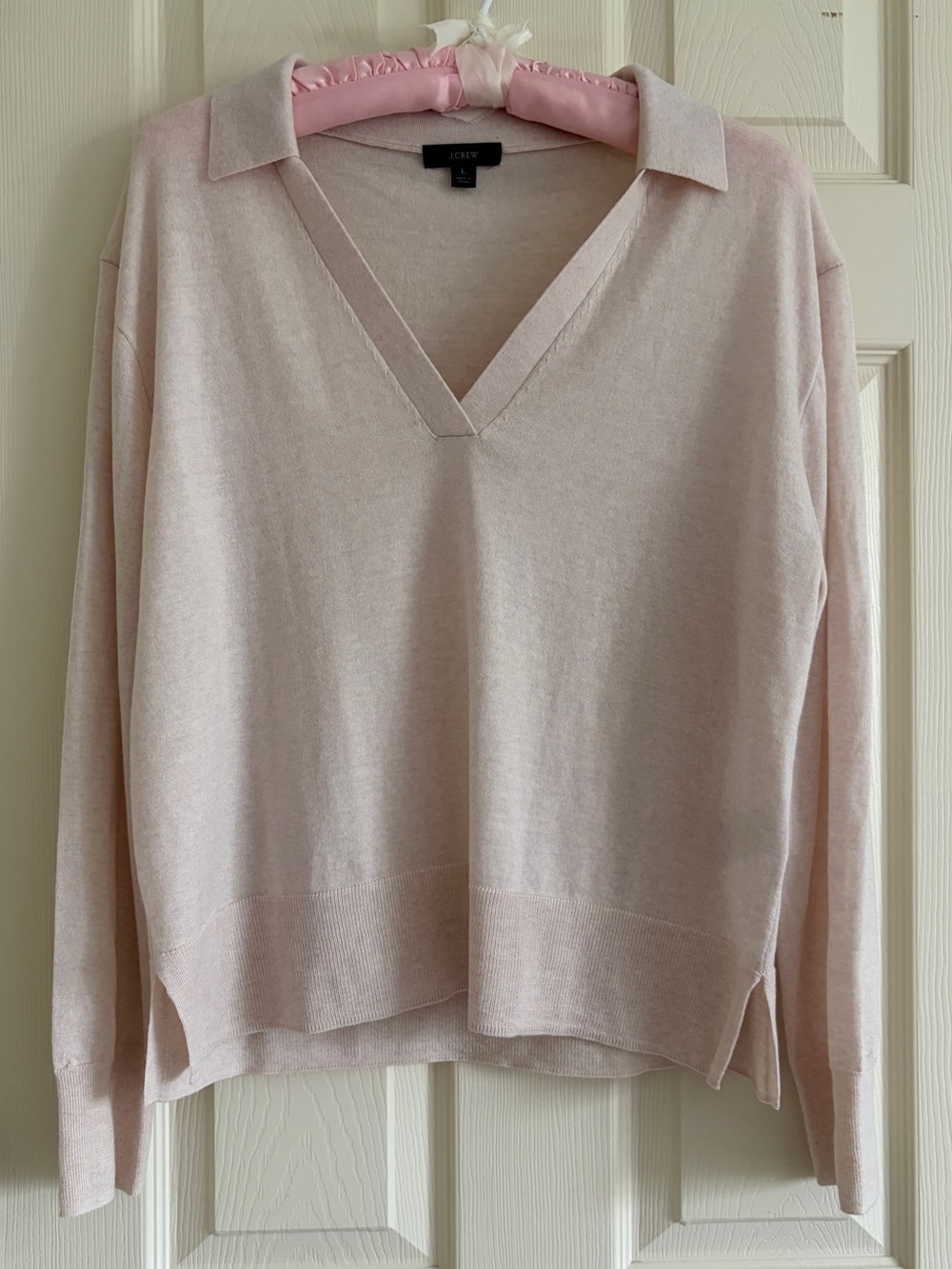 J. Crew Oatmeal Merino Wool V-Neck Collared Sweater Women Size Large